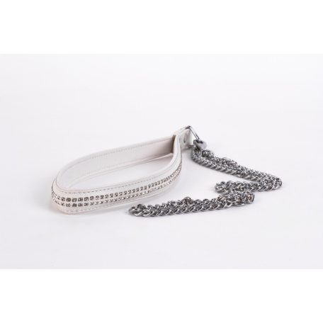 Lamb Leather Handle with 2 Rows of Small Rhinestones and Metal Chain White