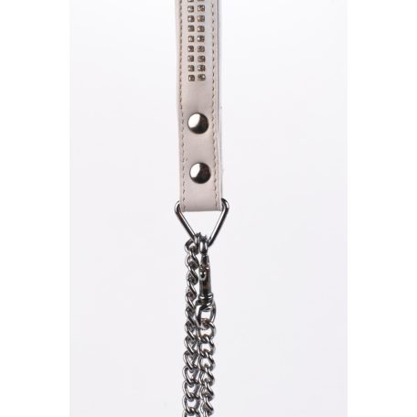 Lamb Leather Handle with 2 Rows of Small Rhinestones and Metal Chain White